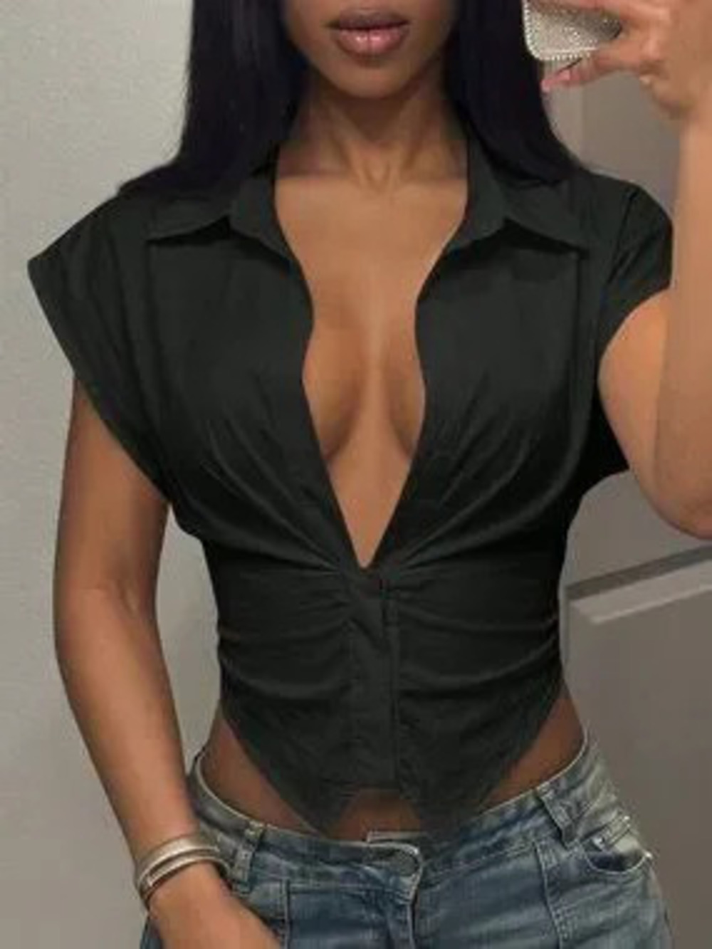 Black Sexy Women's Slim Fit Asymmetrical Button Front Shirt Top